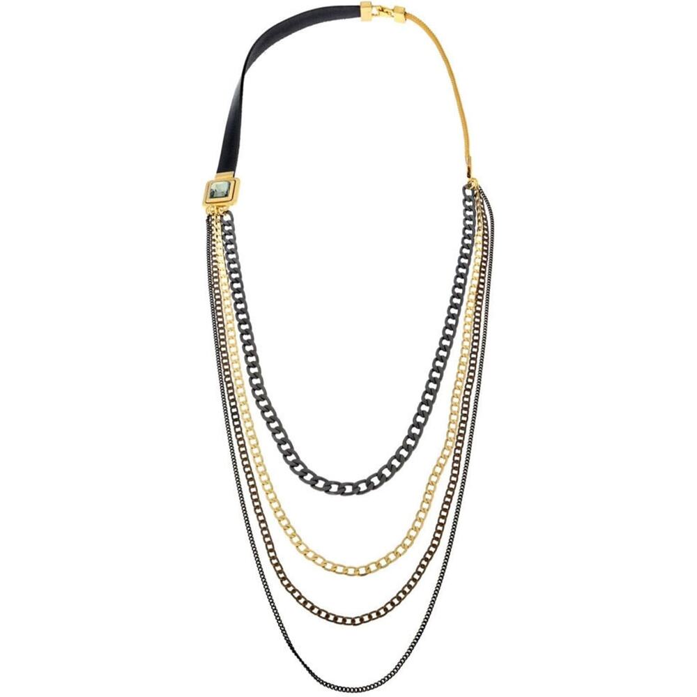 HAGAR SATAT Square Gray Crystal Gold Multi Chain Black Leather Necklace NWT